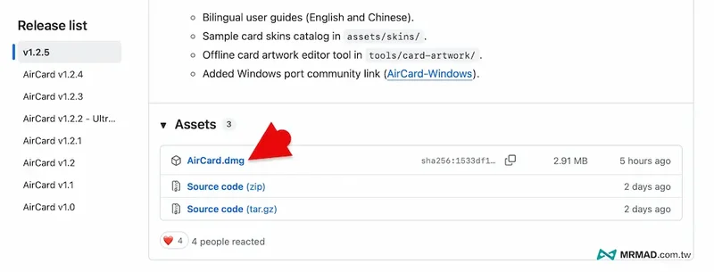 GitHub 上 AirCard v1.2.5 的 Release 下载页面
