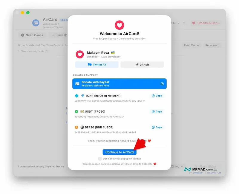 AirCard 首次启动的欢迎窗口,底部有 Continue to AirCard 按钮