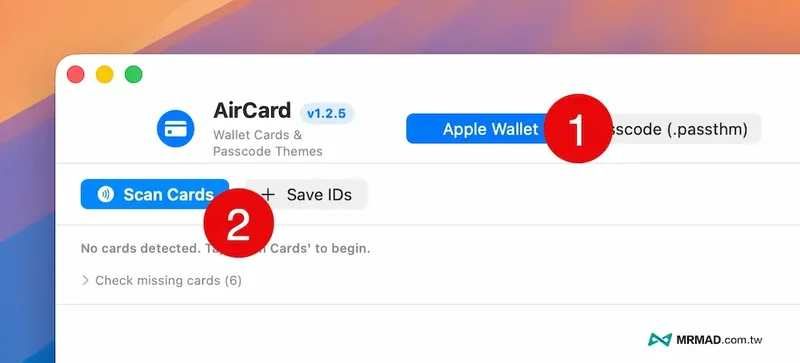 AirCard 顶部标注了 Apple Wallet 标签和 Scan Cards 按钮的位置