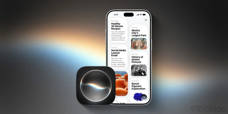 iPhone 上 iOS 27 的 Siri AI 应用界面,显示推荐菜谱、邮件草稿与历史图片等内容卡片,左侧为发光的 Siri 图标