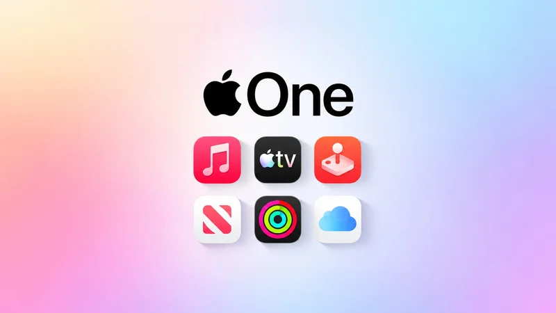 Apple One 服务品牌图,渐变背景上的 Apple One 标识