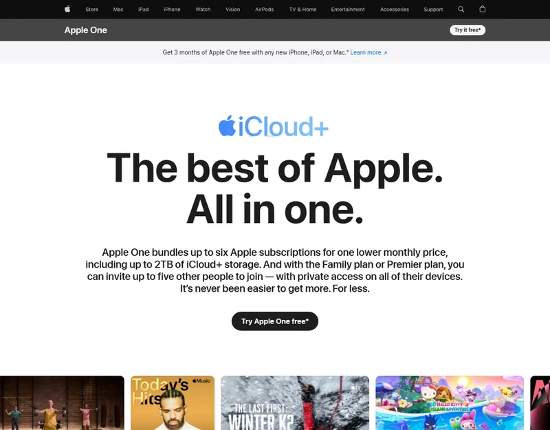 Apple 官网 Apple One 页面,标题为 The best of Apple. All in one,介绍捆绑订阅服务