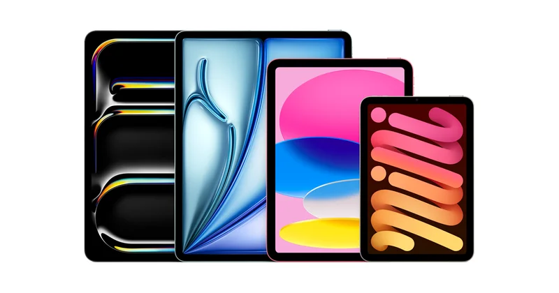苹果 iPad 全系列官方产品图，四款机型并排摆放