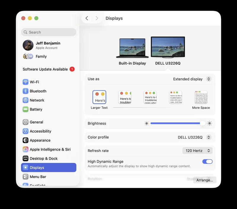 macOS Tahoe 在 1920×1080 分辨率下开启 HDR 的设置界面