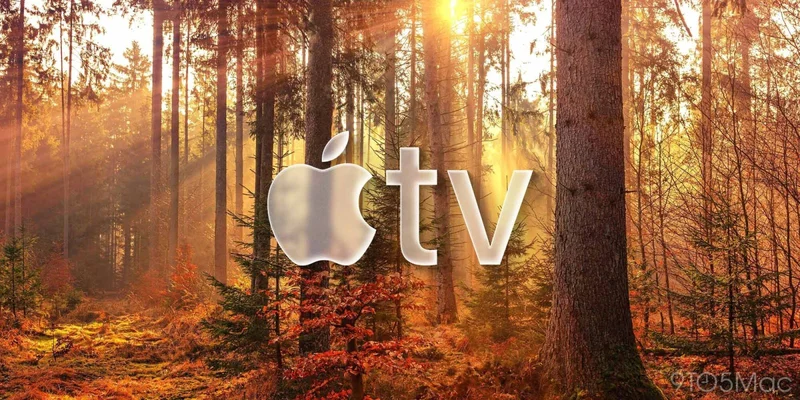Apple TV 品牌标志，秋日树叶背景