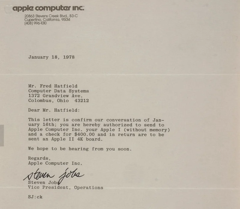 史蒂夫·乔布斯 1978 年 1 月 18 日亲笔信件扫描件，致 Fred Hatfield，确认以 Apple I 加 400 美元支票换购 Apple II 4K 主板，落款 Steve Jobs