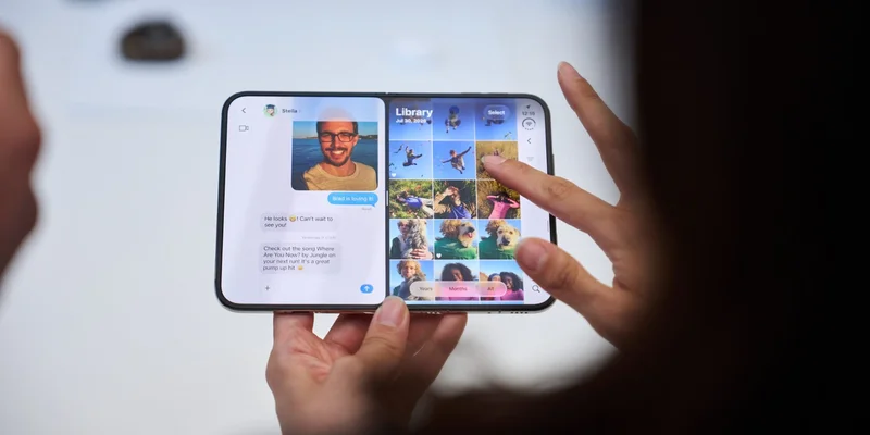 苹果官方活动照片：一双手持展开状态的 iPhone Duo，左屏显示信息对话，右屏显示照片图库