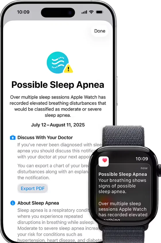 苹果官方 Apple Watch 与 iPhone 截图:iPhone 显示 Possible Sleep Apnea 通知页面,含与医生讨论、导出 PDF 入口;Apple Watch 显示同题通知