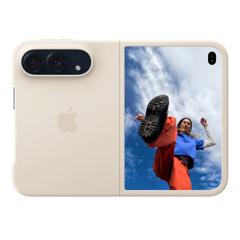 iPhone Duo 官方硅胶保护壳沙砾色,折叠态背面,左半覆盖摄像头区域