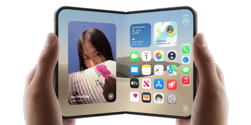 iPhone Duo 展开后由双手握持,内屏显示主屏幕小组件与整排应用图标