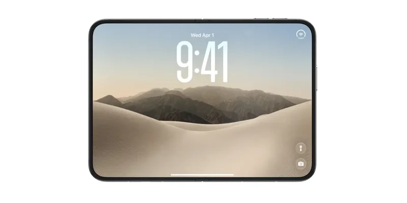 iPhone Duo 展开后的锁屏界面,显示 9:41 时间与沙丘壁纸