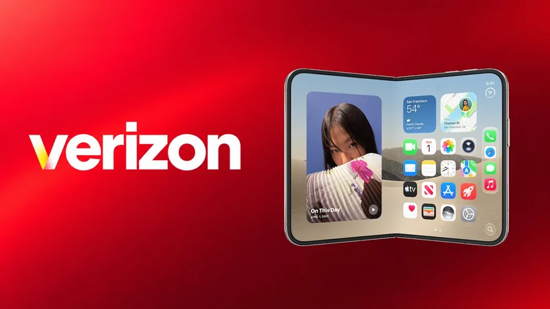 Verizon 红色渐变背景,左侧是白色 verizon 标志,右侧是半展开的 iPhone Duo,内屏显示照片 App、天气与地图小组件