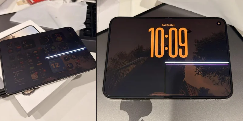 左右两幅照片各是一台展开的 iPhone Duo,内屏在铰链位置出现一条横向白色亮线,右侧那台的锁屏显示 10 月 24 日 10:09