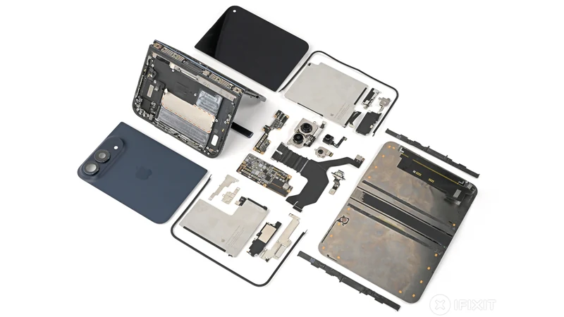 白色台面上摊开的 iPhone Duo 全部零件,包括深蓝色机背、两块屏幕、两块电池、双摄模组、黑色铰链支架与多条排线,按拆解顺序排成一片