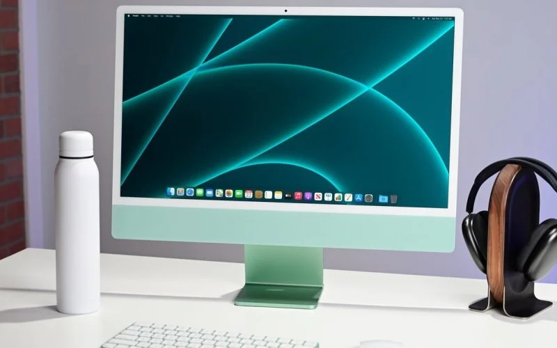 实景桌面：一台绿色 iMac 摆在白色书桌上，屏幕显示蓝绿色光带壁纸与程序坞，左侧是白色水壶与白色键盘，右侧木纹耳机架上挂着黑色头戴耳机