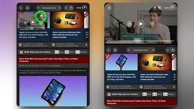 两张 iPhone Duo 截图,左侧 Safari 竖屏单页浏览,右侧同一页面下方继续浏览而视频以画中画浮在上方