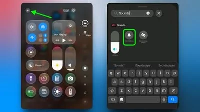 两张 iPhone Duo 截图,左侧控制中心里静音按钮被绿圈标出,右侧在控制中心搜索框输入 Sound 后出现静音按钮
