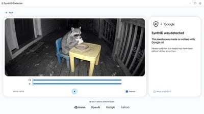 SynthID Detector 网页截图，左侧是一张戴墨镜的浣熊坐在桌边的人工智能生成图，右侧白色面板写着已检测到 SynthID，并注明由 Google 制作