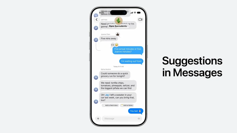 iPhone 消息会话截屏，一段关于采购的群聊下方出现「加入提醒事项」与「加入备忘录」两个可点建议按钮，右侧配大号文字 Suggestions in Messages