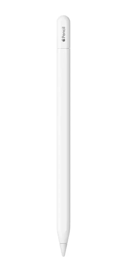 苹果官方 Apple Pencil(USB-C)产品渲染图,白色笔身垂直放置在浅色背景上