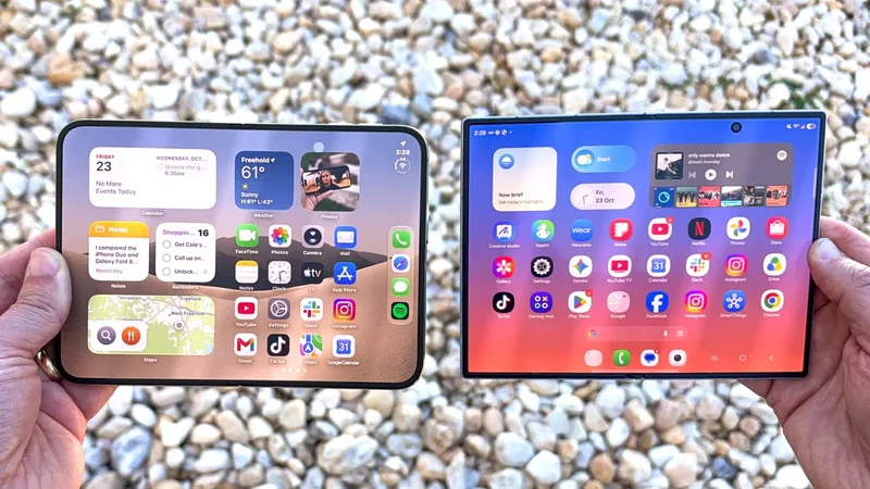 双手同时握持 iPhone Duo 与三星 Galaxy Z Fold8,两台折叠机展开后屏幕并排展示主界面