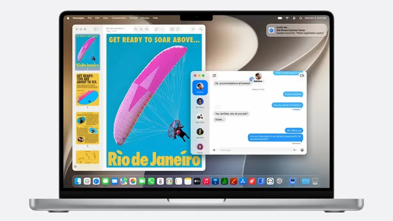 一台银色 MacBook 的正面渲染图,屏幕上同时打开着预览、邮件与信息三个窗口,底部是程序坞