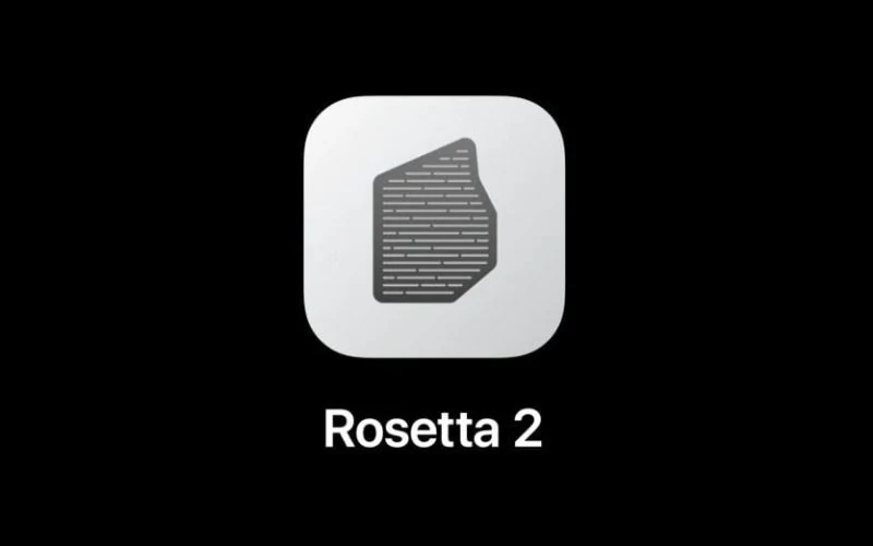 黑色背景上的一枚 Rosetta 2 图标,白色圆角方块内是一张带横线纹理的纸片图形
