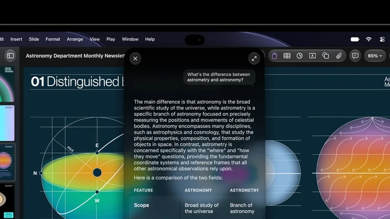 MacBook Pro 屏幕顶部的灵动岛展开成 Siri AI 对话面板，问题是天文学与天体测量学的区别，下方给出两段解释与一张对照表，背景是 Keynote 幻灯片