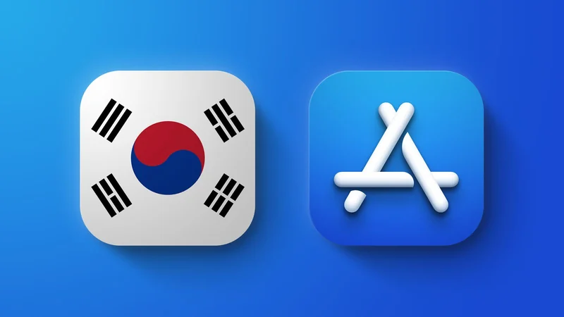 蓝色渐变背景上并排两枚圆角方形图标：左边是韩国国旗，右边是蓝色底色的 App Store 图标