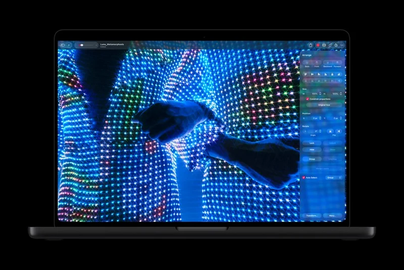 MacBook Pro 屏幕上运行 Pixelmator Pro，画布是一张两个人穿 LED 灯珠服装的照片，右侧浮动面板显示图层与颜色调整