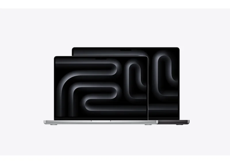 14 英寸与 16 英寸 MacBook Pro 屏幕朝前并排立在浅色背景上,屏幕显示黑色抽象线条图案