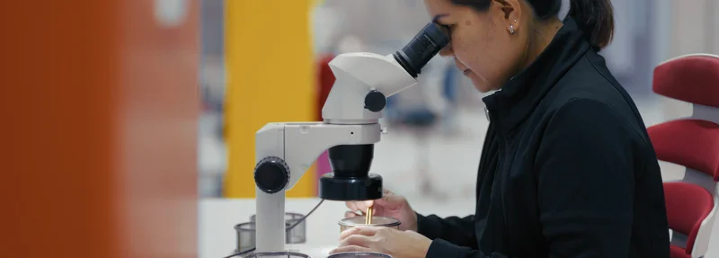 一名戴耳机的女性技术人员在实验室里用显微镜观察电路板,桌面放置电路板样品