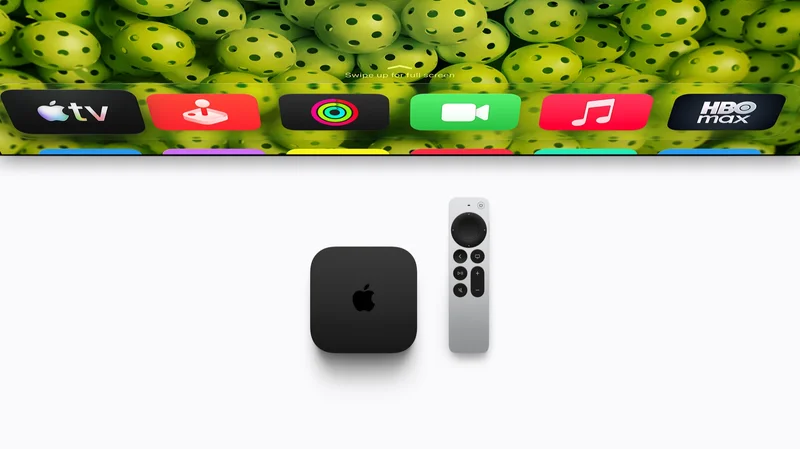 Apple TV 4K 黑色机身与 Siri Remote 并排，上方电视屏幕显示 Apple TV、Arcade、健身、FaceTime、音乐等应用图标