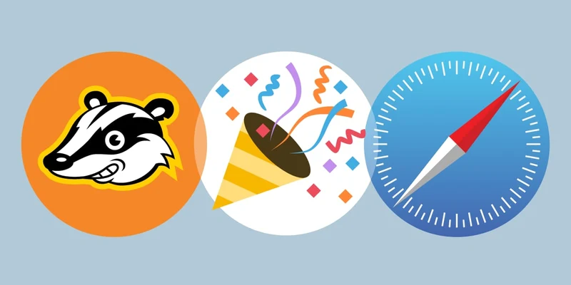 Privacy Badger 官方宣传图:左侧橙色圆形内的獾图标、中间派对礼花图案、右侧 Safari 罗盘图标