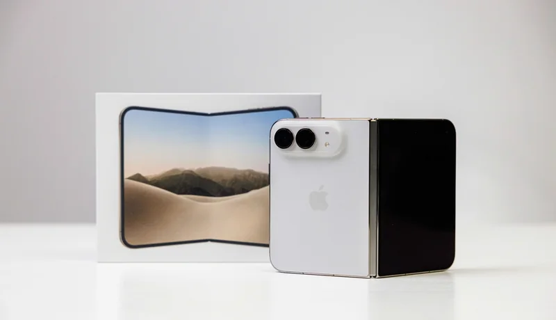 白色包装盒与 iPhone Duo 机身背面实拍,盒面印着展开后的内屏画面,机身背面是竖排双摄模组
