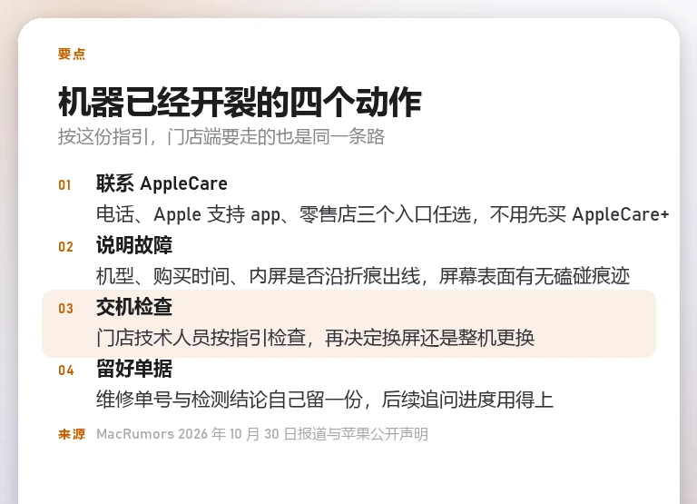 信息卡：机器已经开裂时的四个动作，联系 AppleCare、说明故障、交机检查、留好单据
