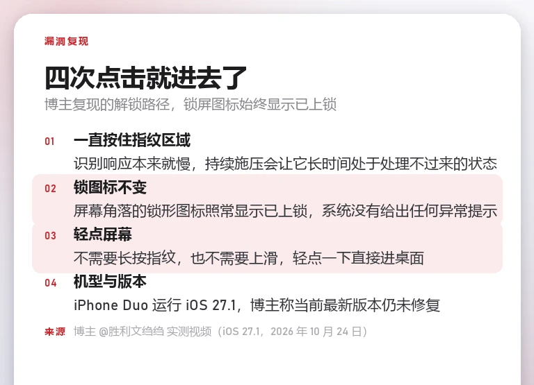 信息卡:iPhone Duo 指纹解锁失效的复现路径,四步说明与锁屏图标状态