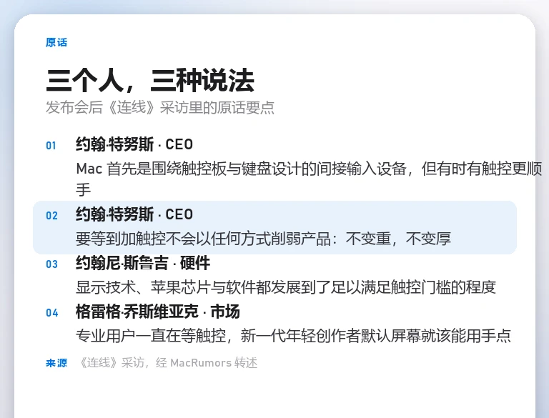 自制引述卡列出三位高管的原话:特努斯说 Mac 首先是间接输入设备但有时触控更顺手、加触控不能让它更重更厚;斯鲁吉说显示技术、芯片与软件都到了门槛;乔斯维亚克说专业用户在等触控、年轻创作者期待触控