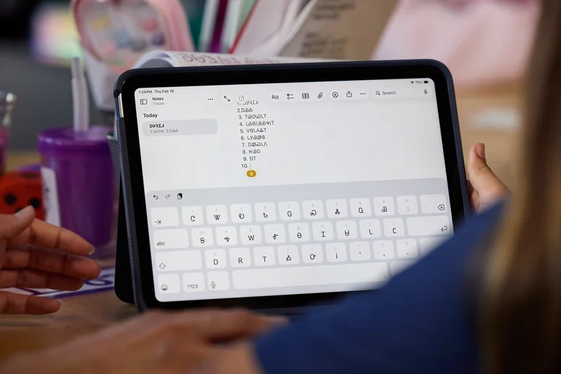 学生双手捧着 iPad，屏幕上 Notes 应用显示切罗基语音节文字列表，底部是切罗基语键盘