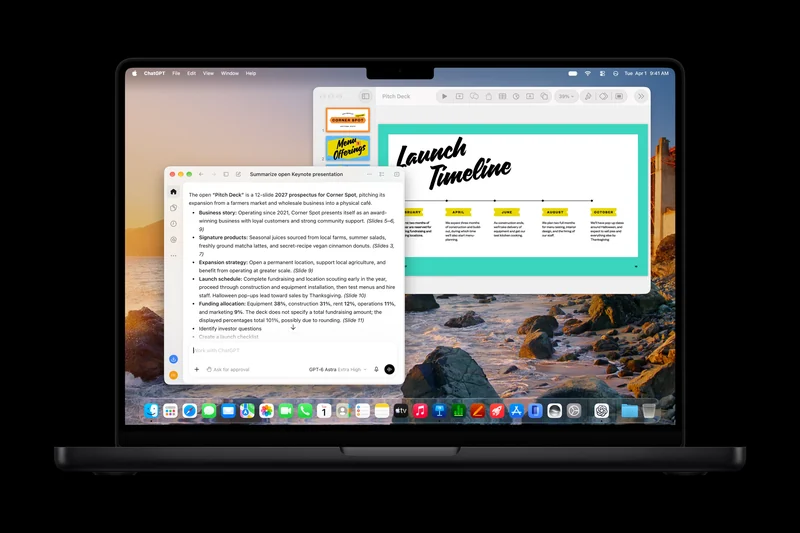 MacBook Pro 屏幕上 Keynote 正在展示一份 Launch Timeline 幻灯片，前方浮着 ChatGPT 窗口，逐条列出这份演示文稿的提纲
