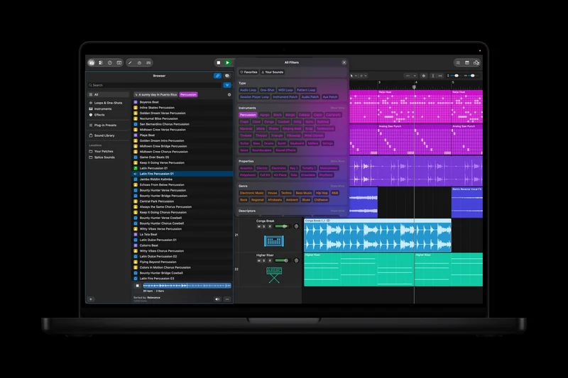 MacBook Pro 屏幕上是 Logic Pro 界面，左侧浏览器面板列出循环乐段与乐器分类，右侧显示彩色音频区域与轨道