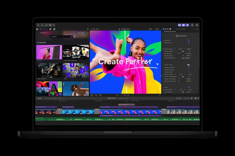 MacBook Pro 屏幕上是 Final Cut Pro 剪辑界面，左侧为 MotionVFX 素材与模板列表，中央预览带彩色背景的人像画面，右侧检查器显示模板、跟踪器与调色参数
