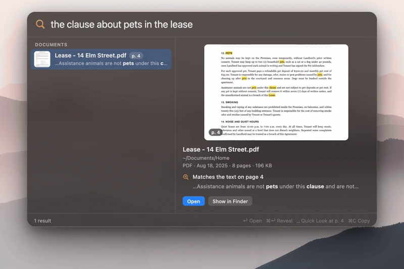 搜索 the clause about pets in the lease 的结果:DOCUMENTS 区一条结果 Lease - 14 Elm Street.pdf 第 4 页,右侧 PDF 预览中 pets 与 clause 被高亮,标注 Matches the text on page 4,共 1 result