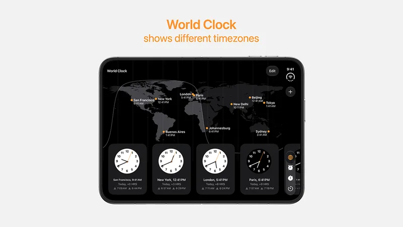 展开的 iPhone Duo 上运行世界时钟 App,上半部为标注各城市时间的世界地图,底部为城市时钟卡片