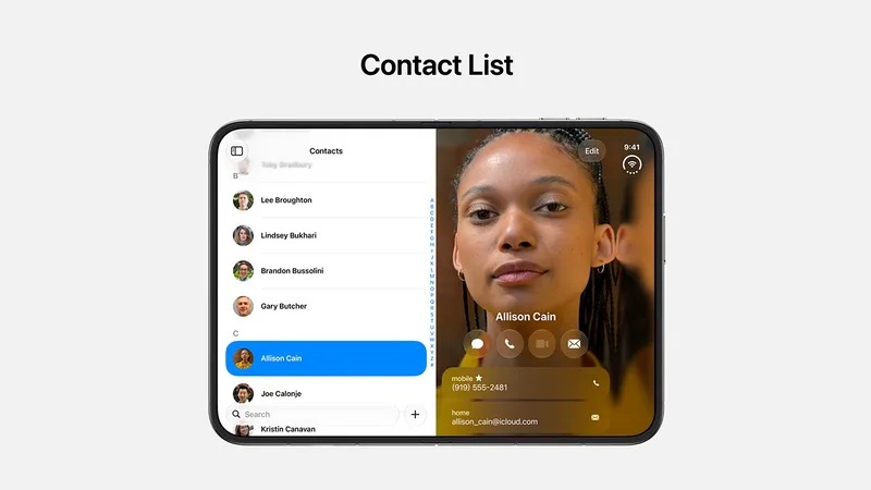 iPhone Duo 上的联系人 App,左侧是联系人名单,右侧显示选中联系人的头像与资料