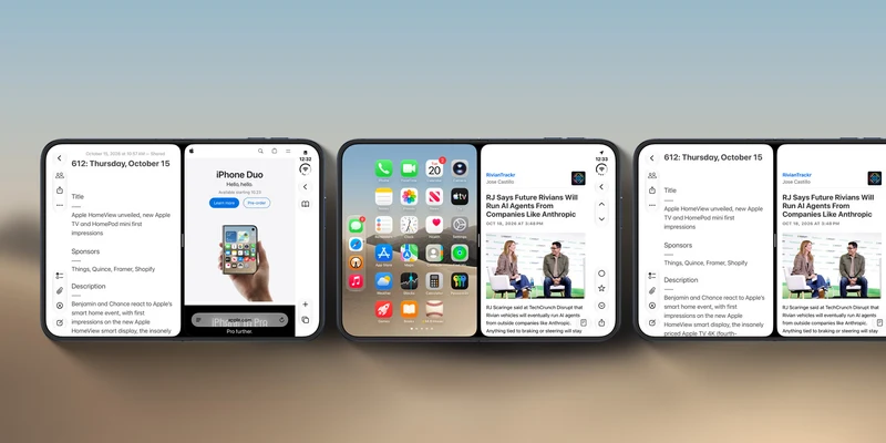 三部 iPhone 并排展示分屏界面:左侧为智能家居控制页,中间为主屏幕与购买页,右侧为新闻阅读界面
