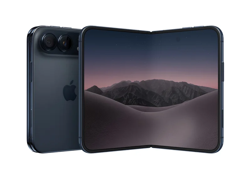 iPhone Duo 左侧为闭合状态的深色机身与双摄,右侧为半展开状态显示山景壁纸