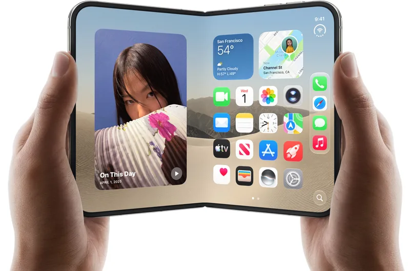 苹果官方 iPhone Duo 产品图，双手持展开状态的双屏手机