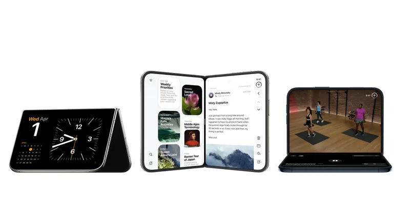 苹果官方 iPhone Duo 产品图，展示半折支架形态与多种使用姿态
