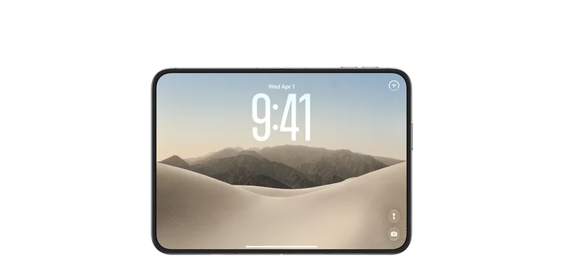 iPhone Duo 外屏锁屏界面官方图,显示大尺寸时钟与壁纸